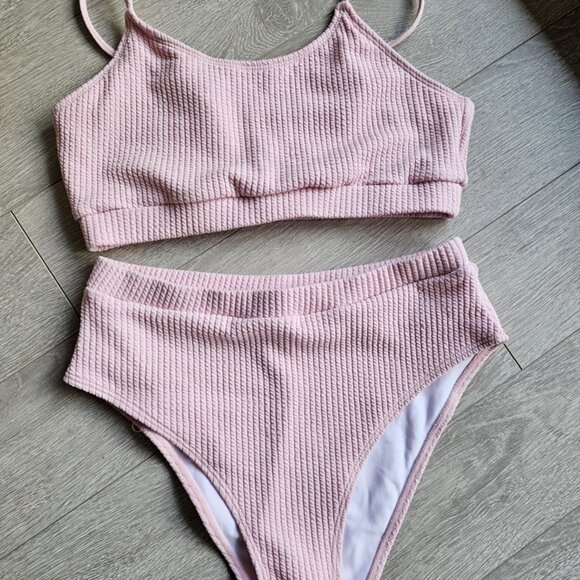 New High Waisted Tummy Control Bikini Ribbed Sporty Brazilian Swimsuit Set - Picture 3 of 8